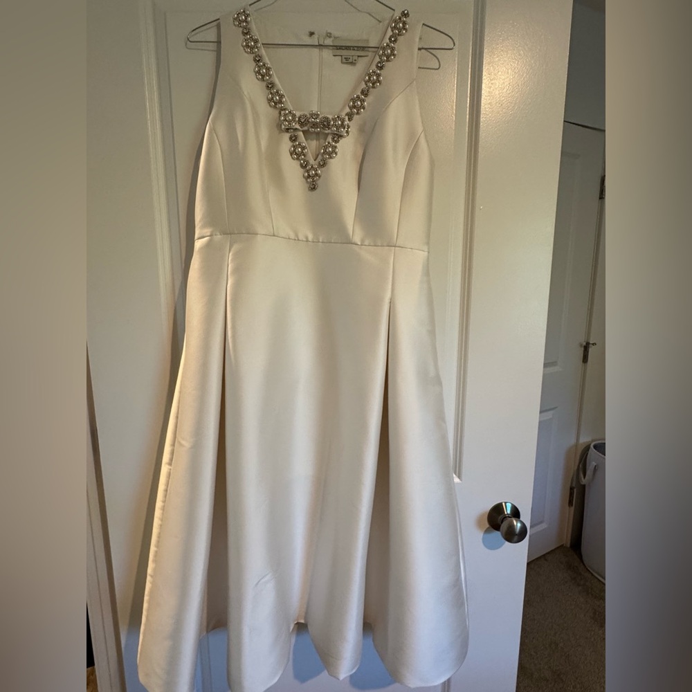 Sachin + Babi Cream A-Line Gown with Embellished V-Neck